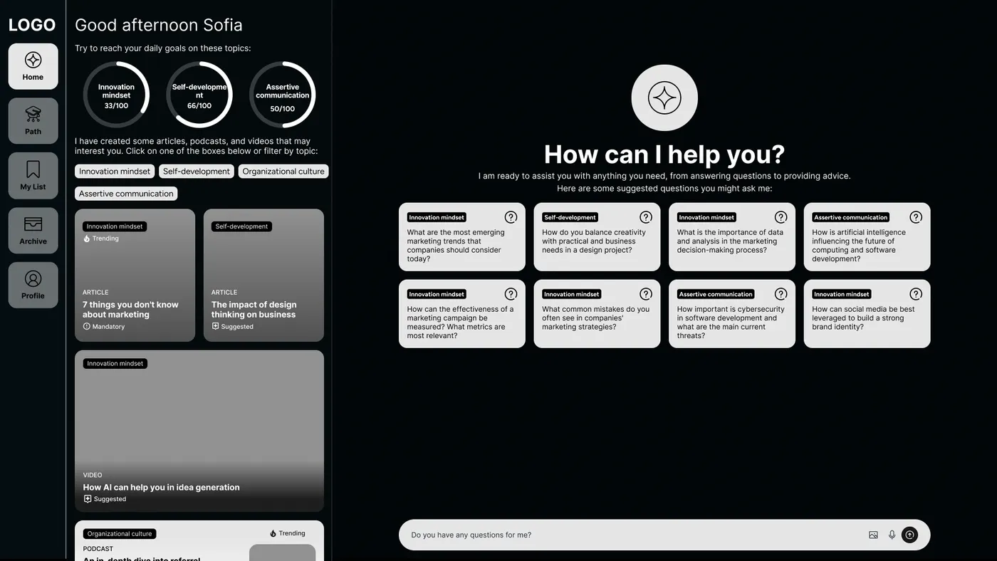 Cosmo MVP prototype screens across onboarding, discovery and conversational mentoring 2